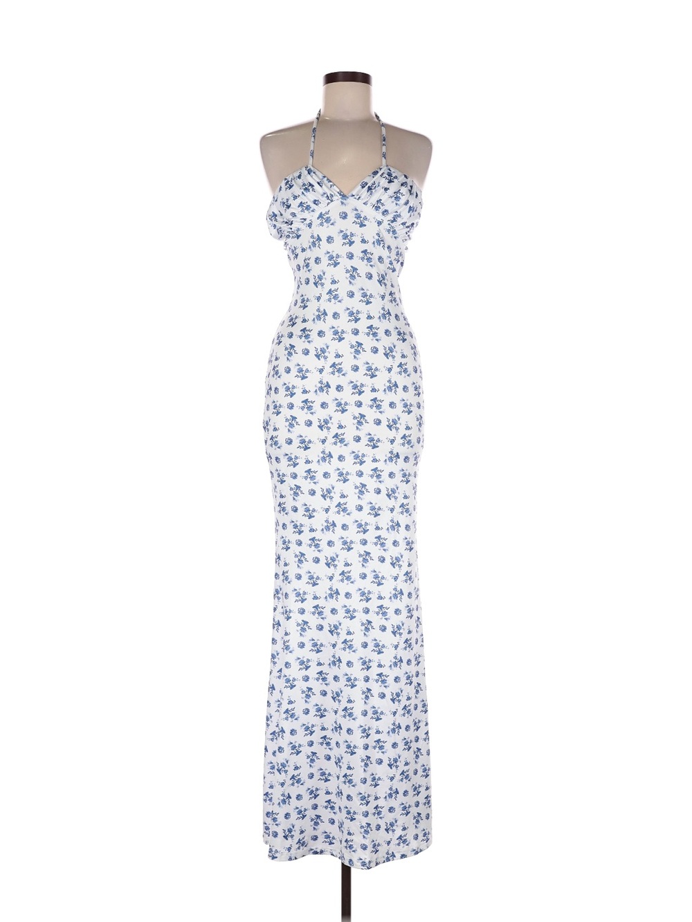 White and Blue Floral Halter Maxi Dress